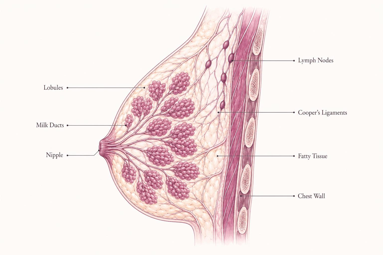 Cross-section illustration of the breast showing lobules, milk ducts, fatty tissue, ligaments, lymph nodes, nipple, and chest wall.