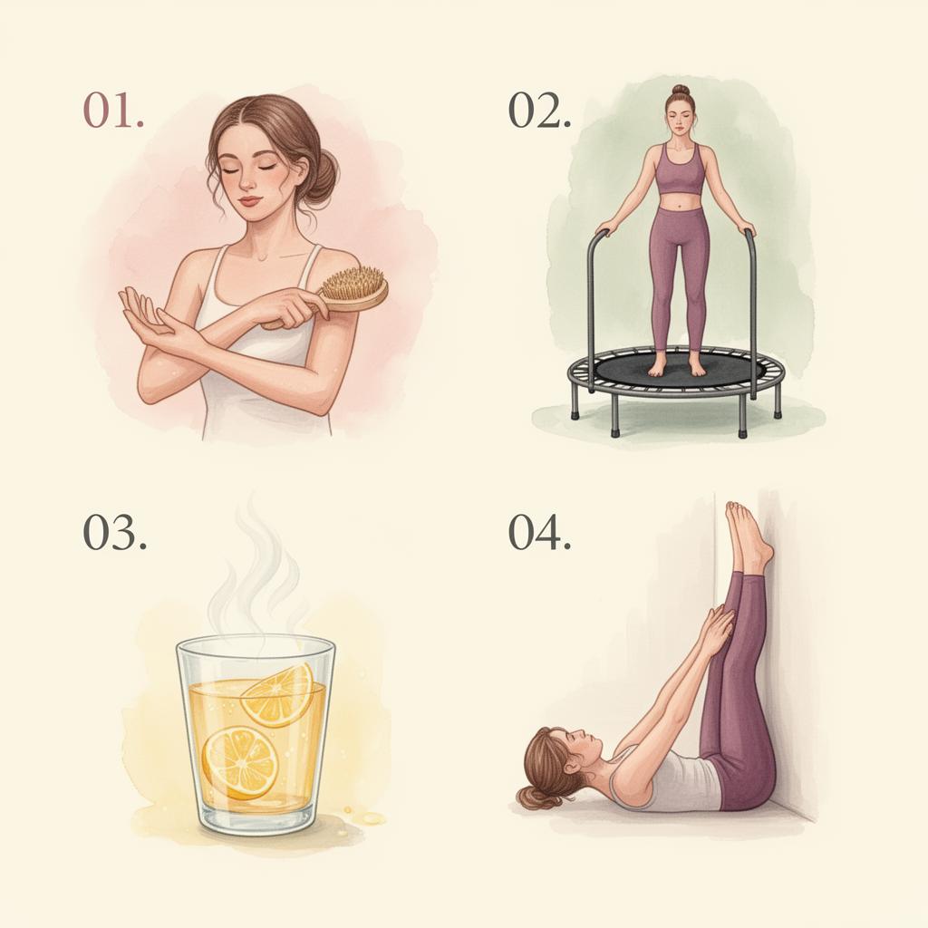 Four illustrated lymph-supporting practices: dry skin brushing, rebounding on a mini-trampoline, warm lemon water, and legs up the wall pose.