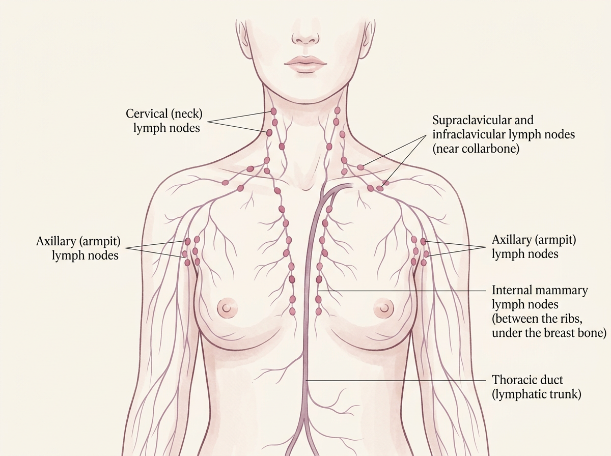 Illustration of the upper-body lymphatic system showing cervical, supraclavicular, axillary nodes, internal mammary chain, and thoracic duct.