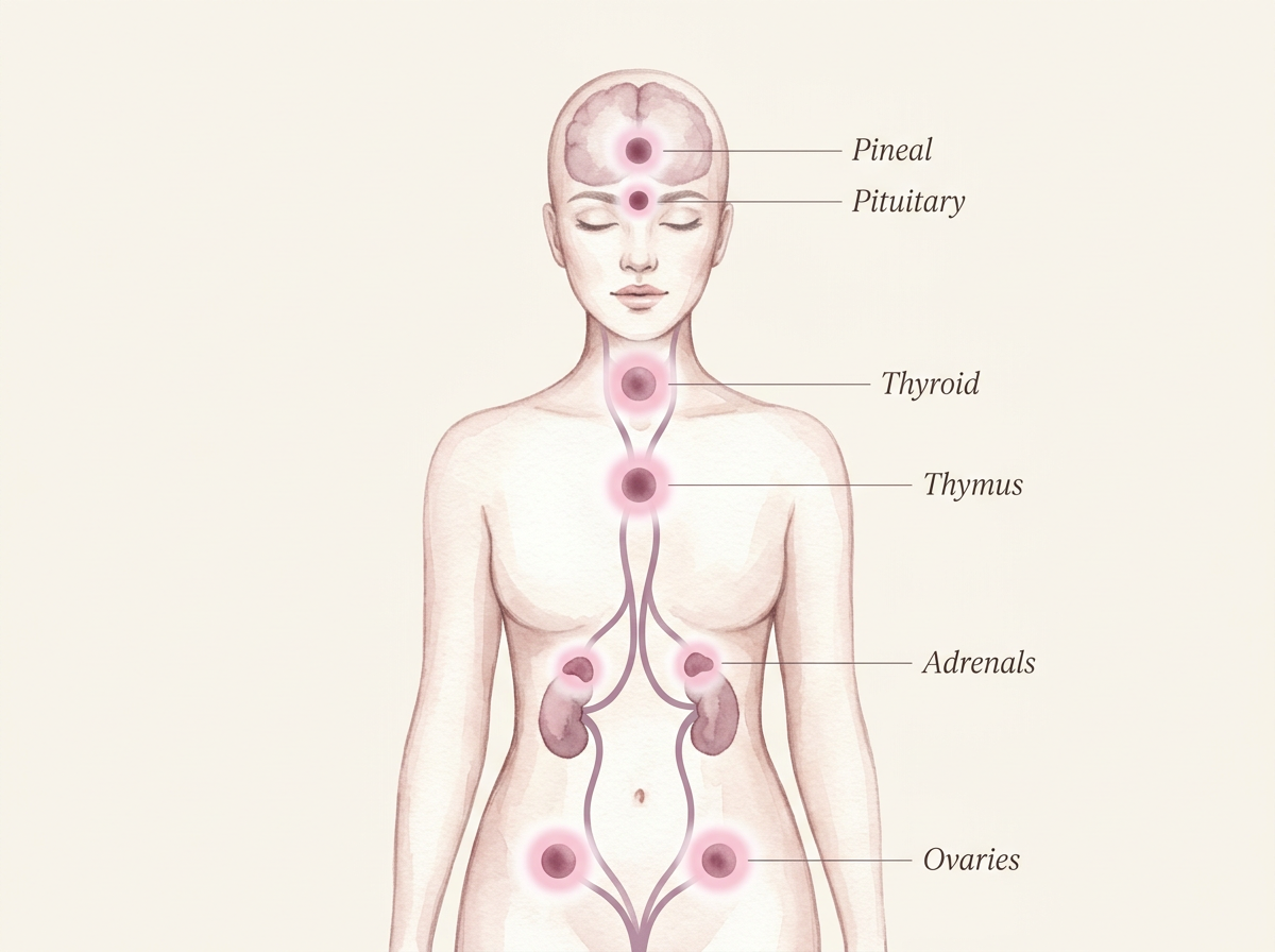 Illustration of the female endocrine system showing the pineal, pituitary, thyroid, thymus, adrenal, and ovarian glands connected by flowing lines.