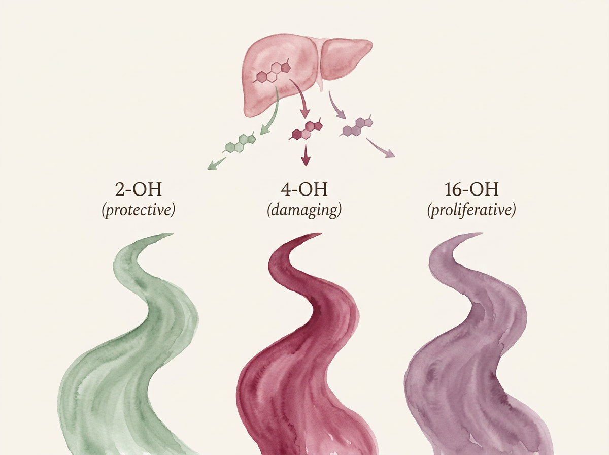 Diagram of the three estrogen detoxification pathways through the liver — 2-OH protective in green, 4-OH damaging in deep rose, and 16-OH proliferative in mauve.