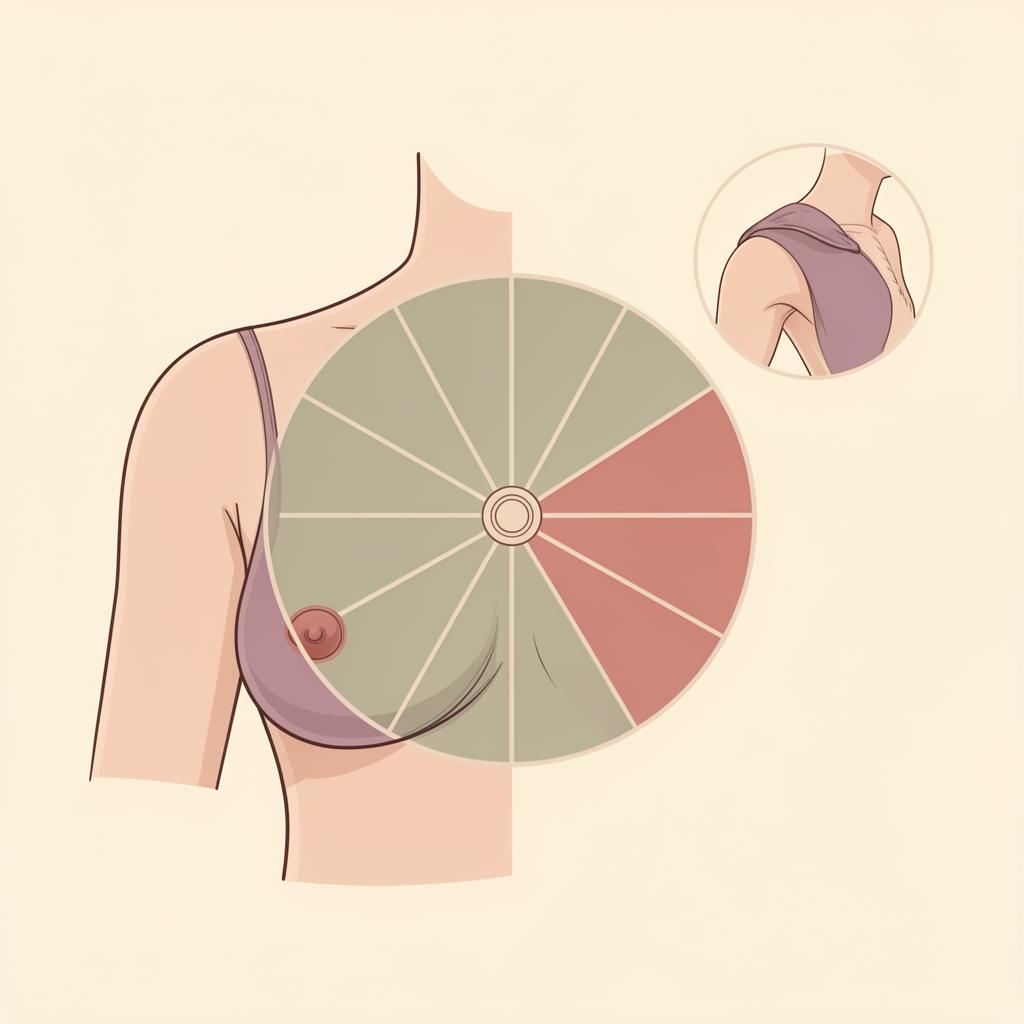 Diagram of a breast divided into clock-face wedges with an inset showing the axillary tail extending toward the underarm.