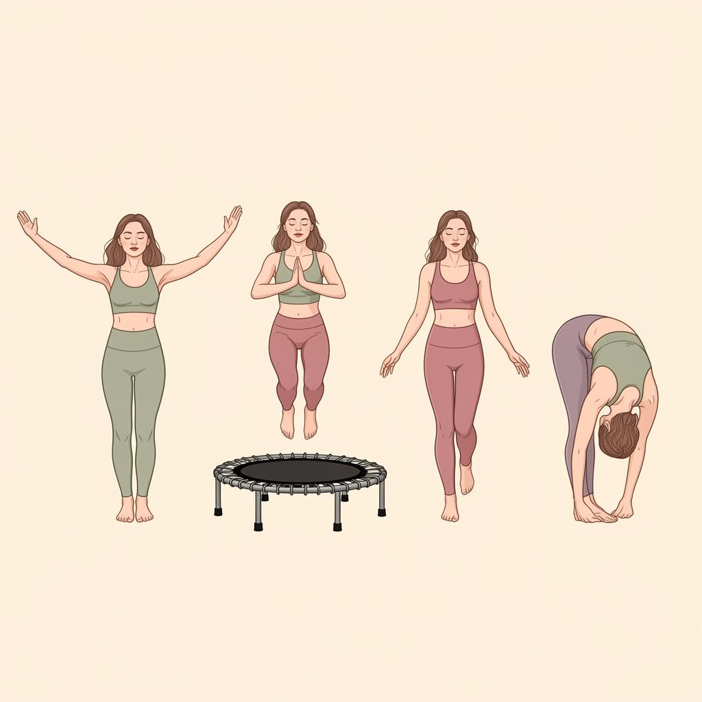 Four women demonstrating chest-opening stretches, rebounding, walking, and a gentle inversion.