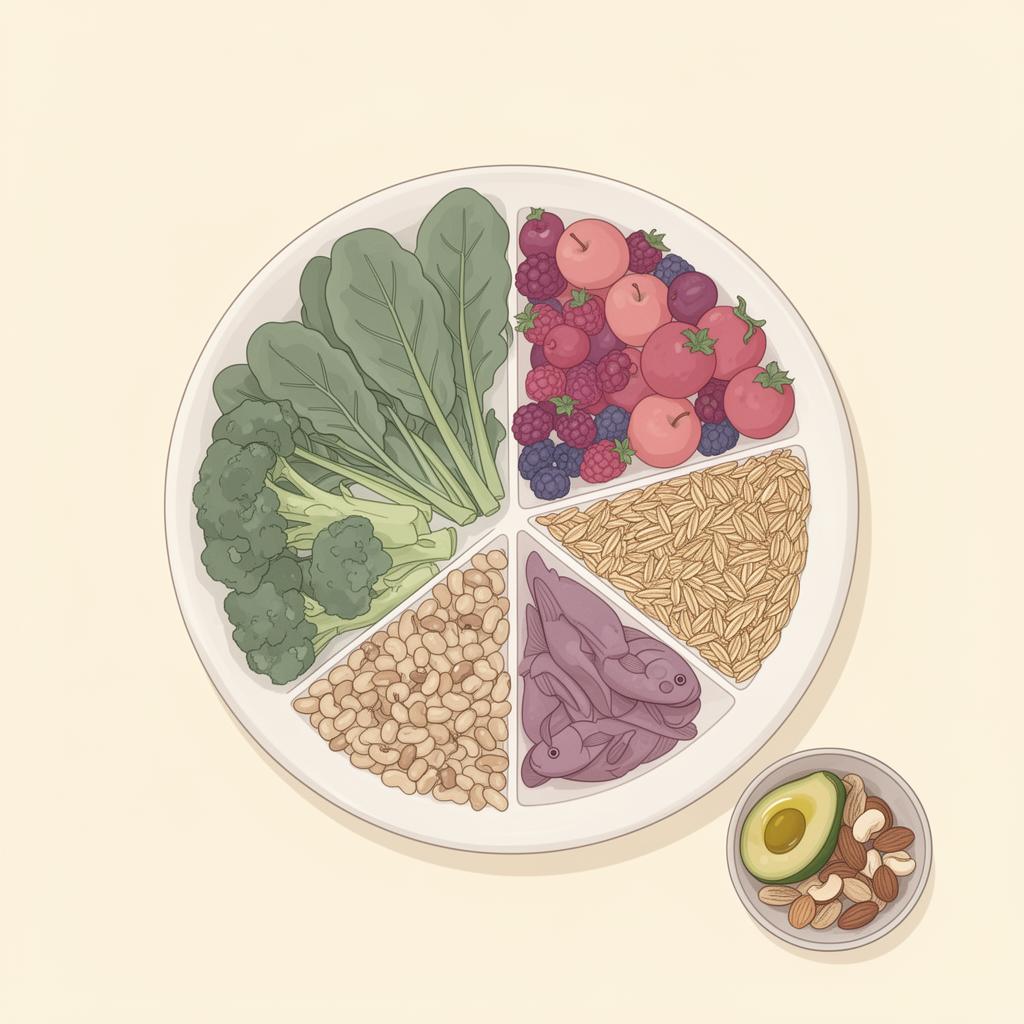 A divided plate showing proportions of greens and cruciferous vegetables, fruits, whole grains, and protein, with a small bowl of healthy fats alongside.