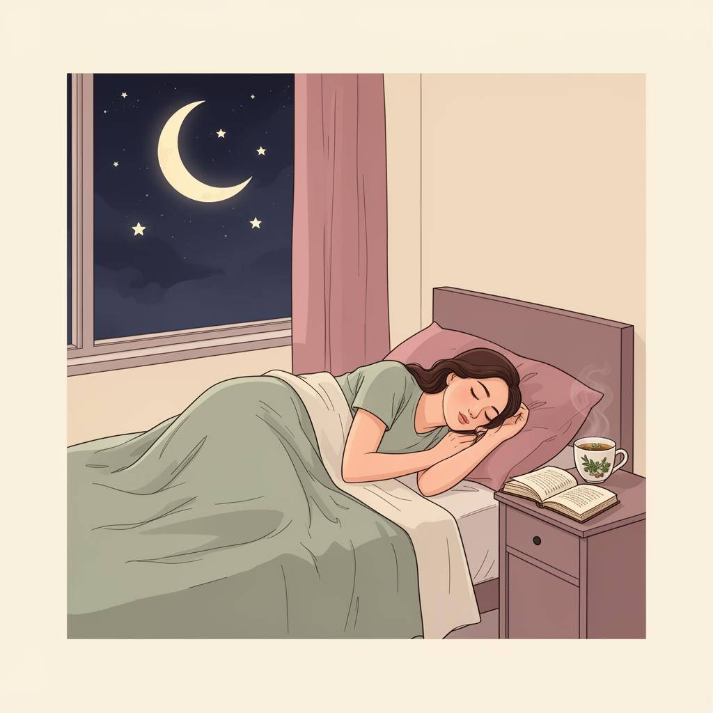 A woman sleeping peacefully on her side in a softly lit bedroom under a crescent moon.