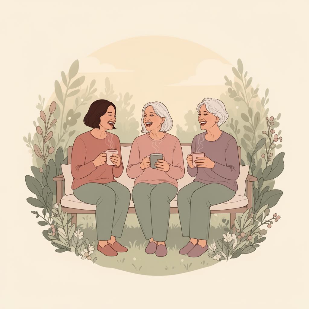 Three women of different ages sitting on a garden bench laughing together over warm mugs.