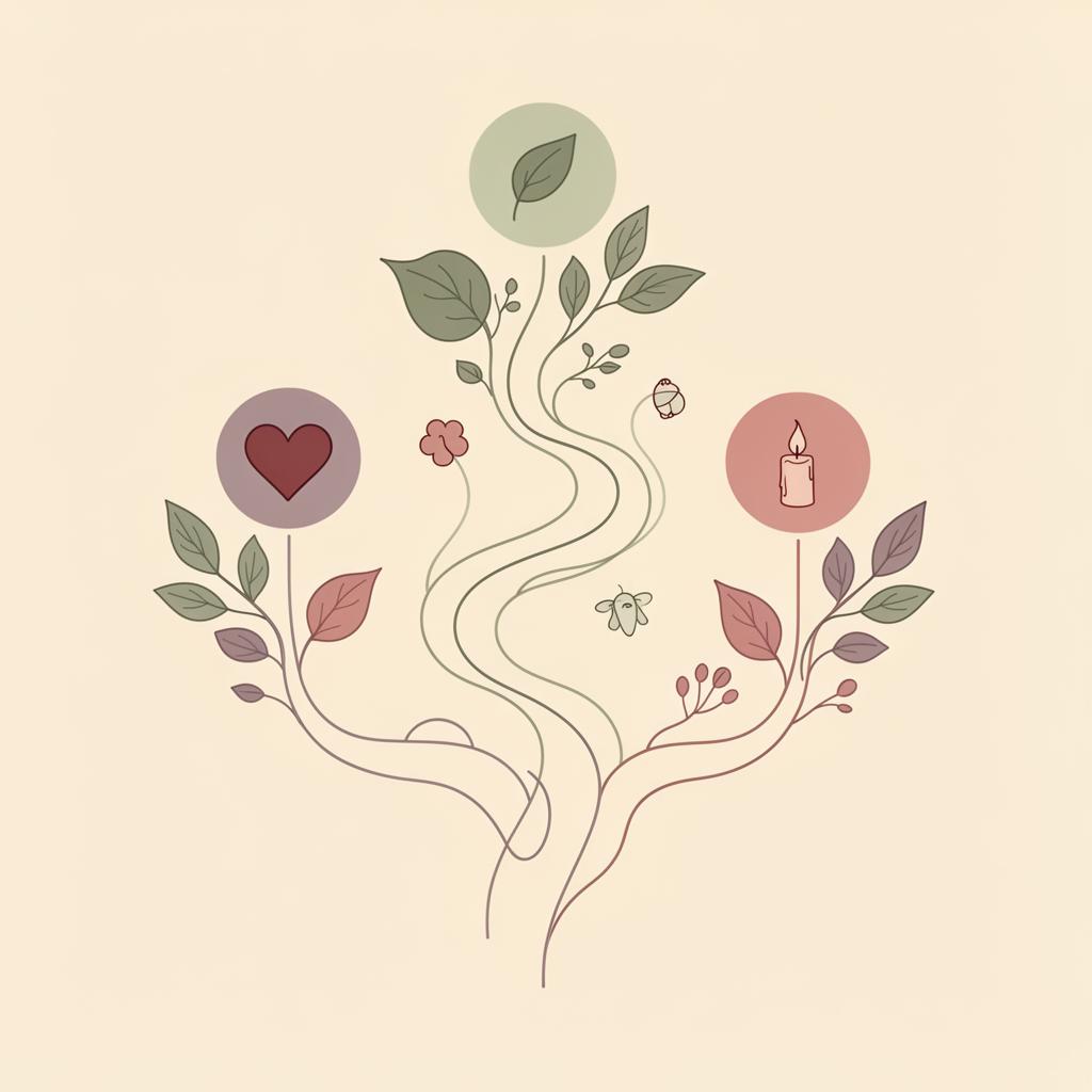 A botanical illustration suggesting three intertwined paths of healing branching out from a single root.