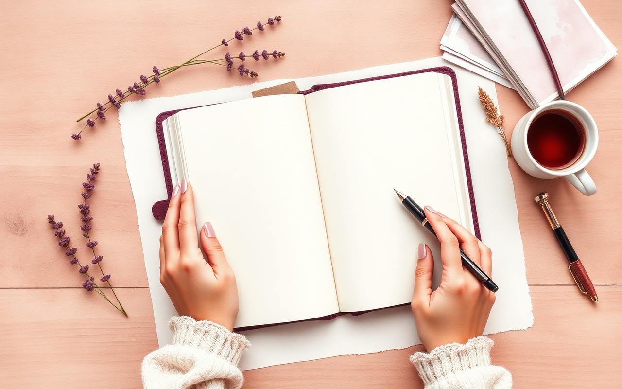 Hands holding an open journal with a fountain pen, herbal tea, and folded medical reports nearby.