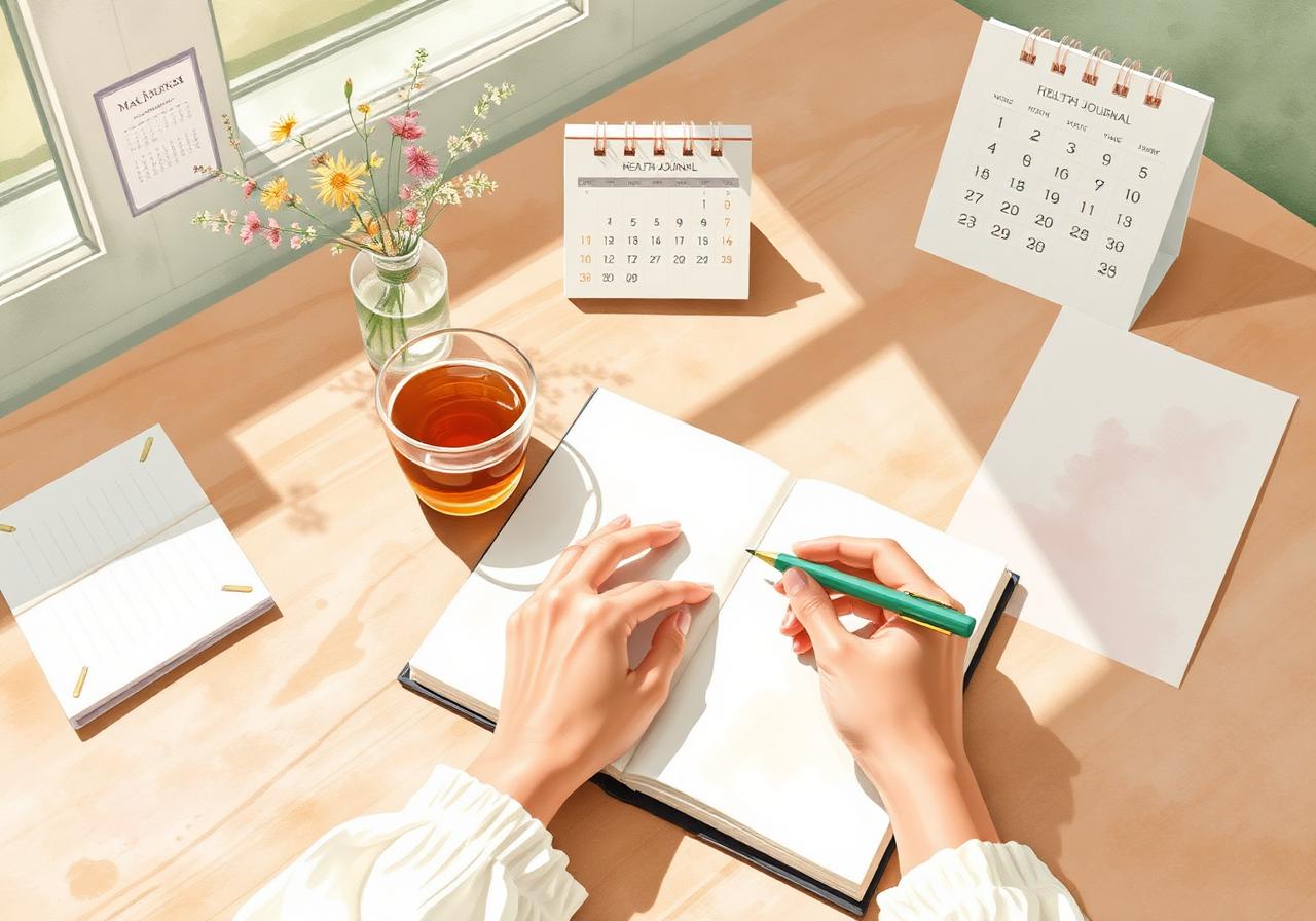 A woman's hands writing in a health journal at a sunlit table with herbal tea and wildflowers.