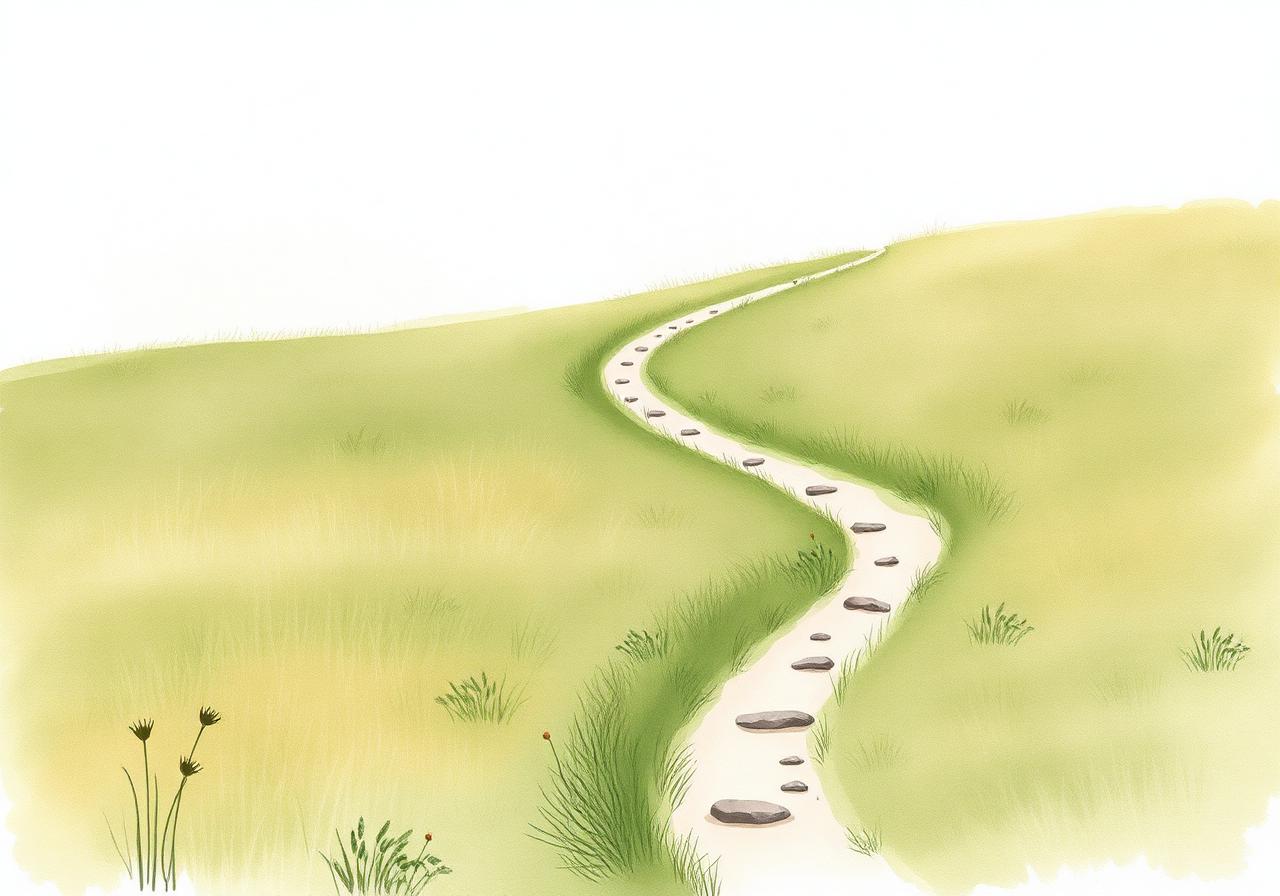 A winding stone path through a sunlit meadow, suggesting steady progress over time.