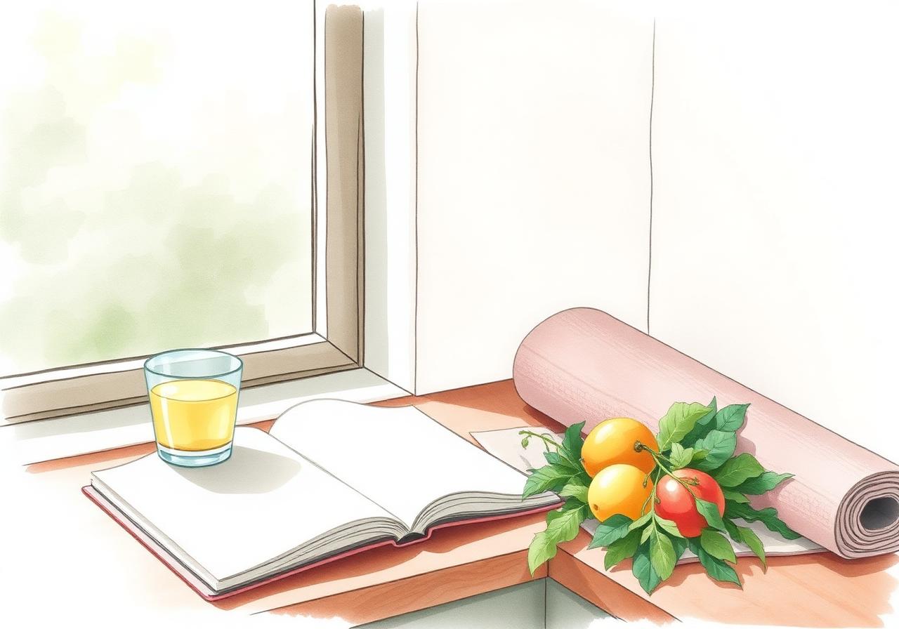 A peaceful morning scene with warm lemon water, an open journal, fresh fruit and greens, and a yoga mat by a sunlit window.